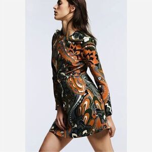 Zara Printed Multicolored A-Line Mini Dress with Accent Belt